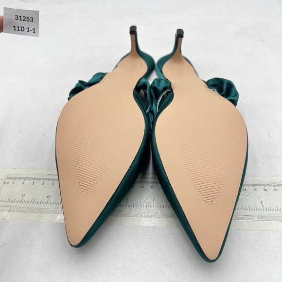 XYD Dark Cyan Pointed Toe Low Heel Mules with Ruffle Pearls Beaded Strap Sandals - Picture 7 of 8